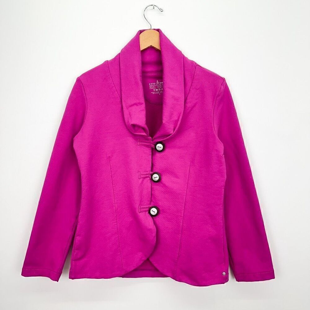 Neon Buddha Women’s Hot Pink Fuschia Magenta 3 Button Cowl Collar Blazer Cardiga